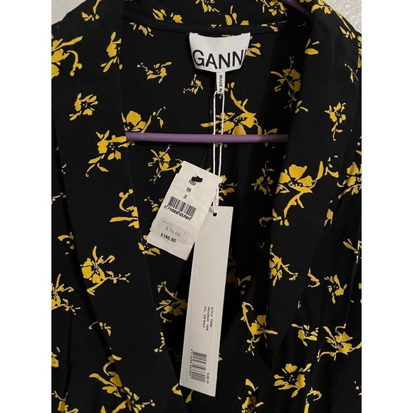 GANNI Floral Print Crepe Wrap Blouse in Black - Picture 4 of 7